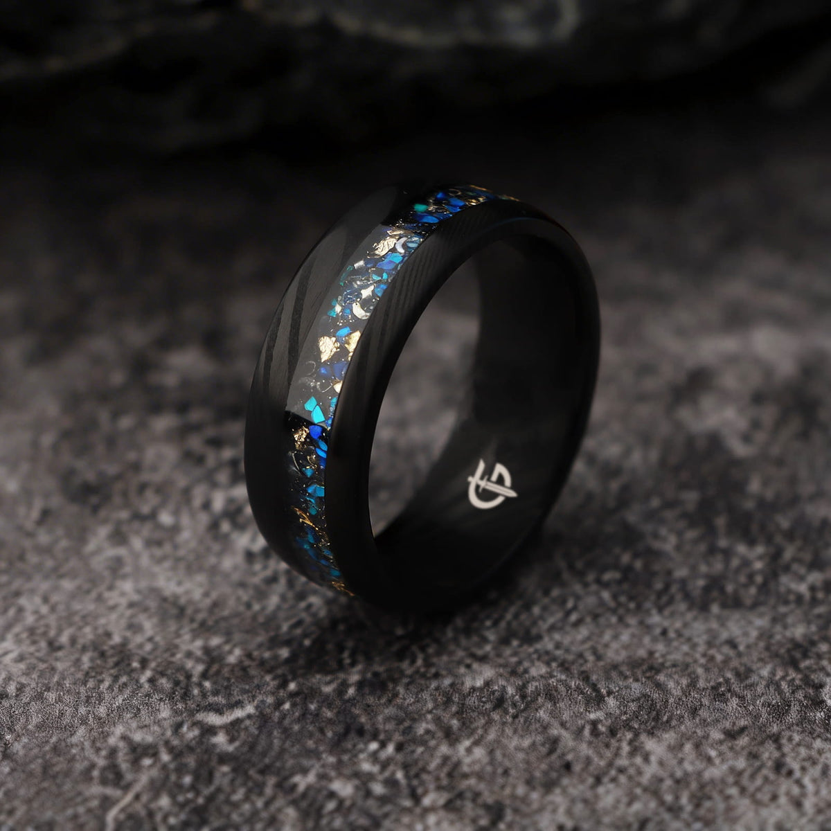 Black Damascus steel ring with a narrow inlay of meteorite, Ocean Blue natural opal and gold leaf