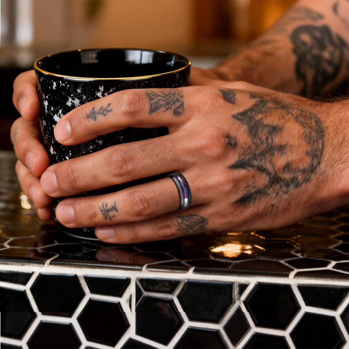 Polished black tungsten carbide ring with a silver-tone metal arrow over Starry Blue Whiskey Barrel Wood.