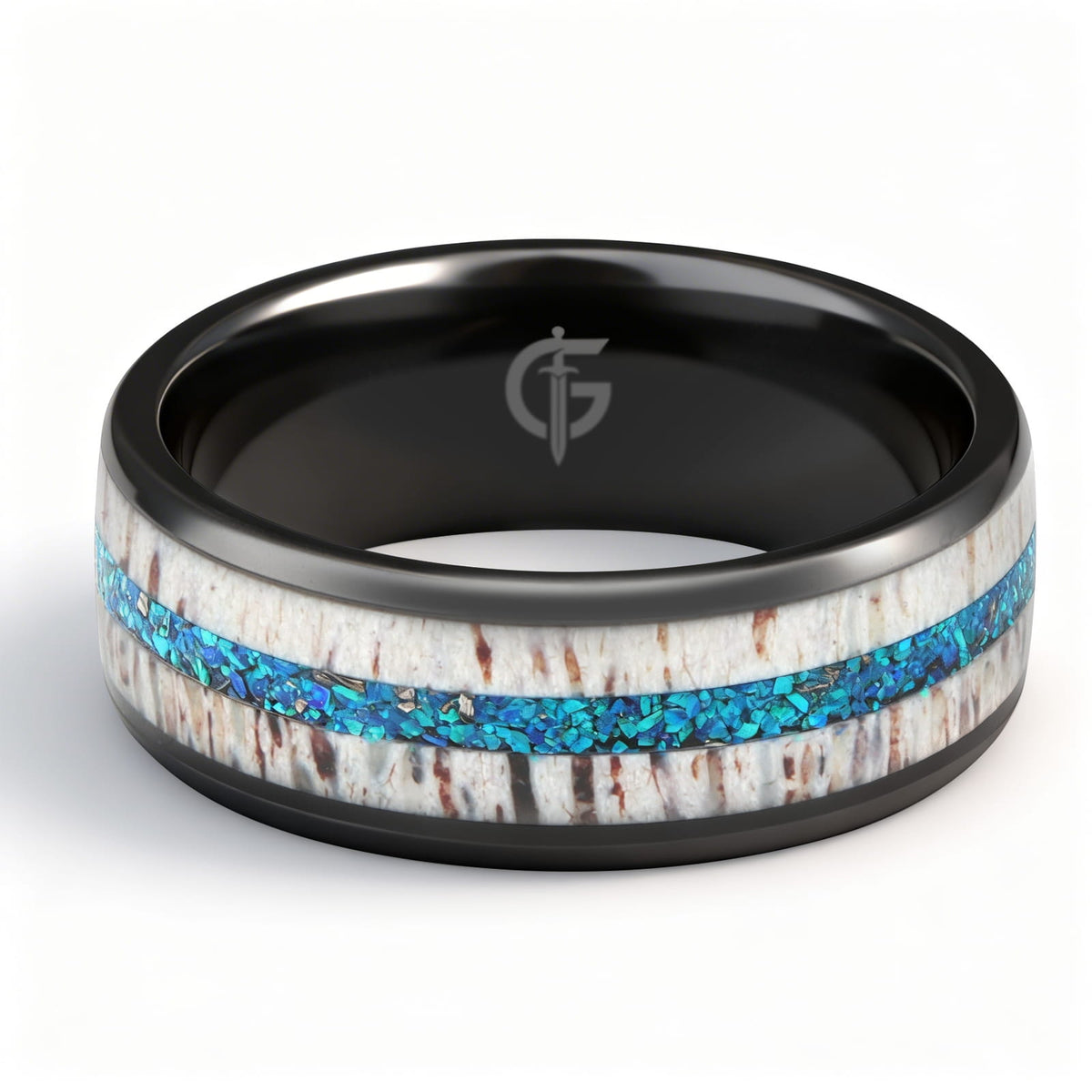 Black ceramic ring with pale deer antler framing blue natural opal and silver-gray meteorite fragments
