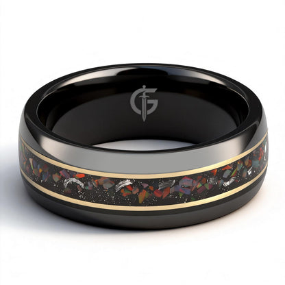 Polished black ceramic ring with multicolored natural opal and silver-gray meteorite fragments framed by two thin brass lines.