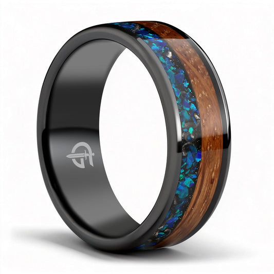 Flat black ceramic ring with brown whiskey barrel wood beside blue natural opal and silver-gray meteorite