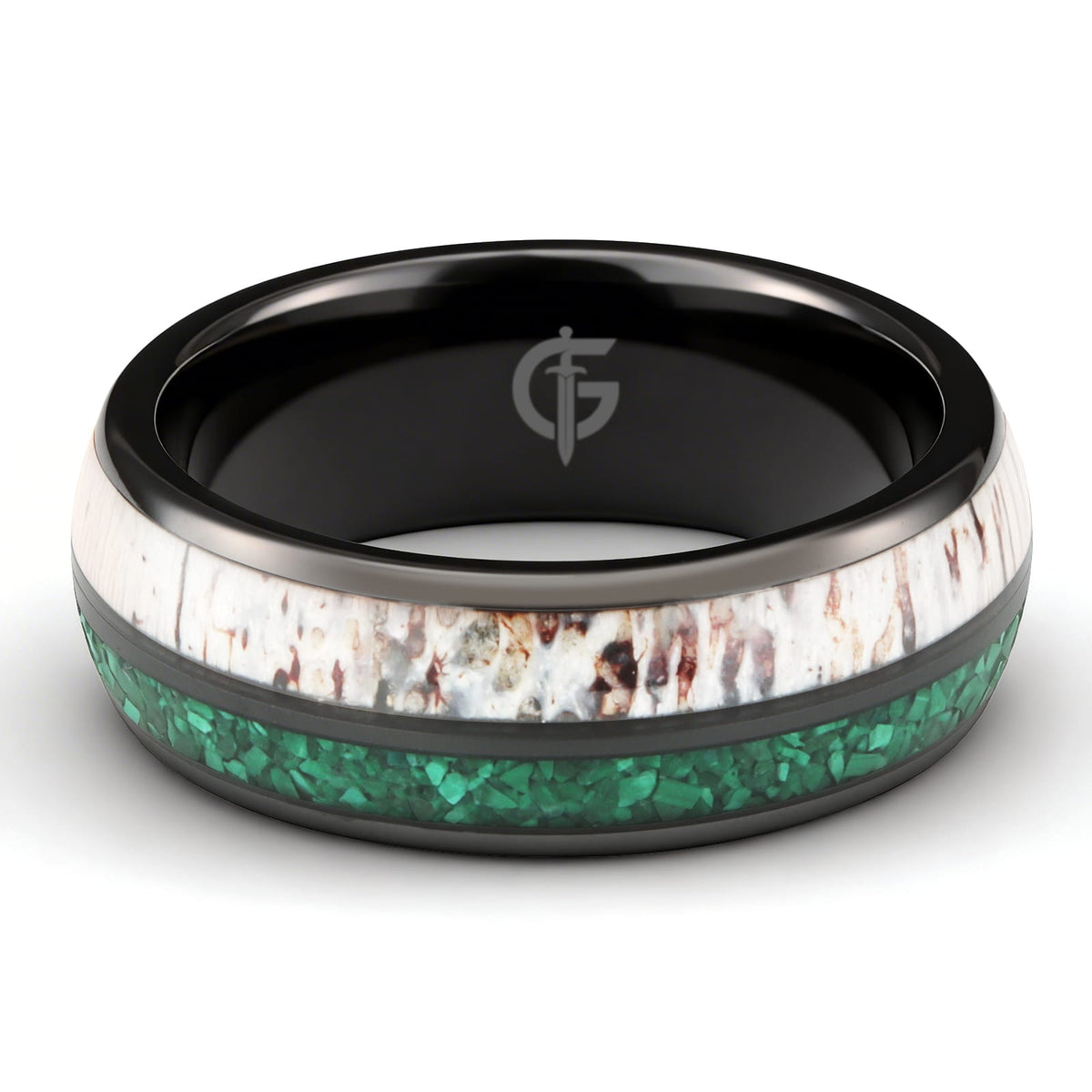 Rounded black ceramic ring with separate green malachite and pale, brown-marked deer antler inlays
