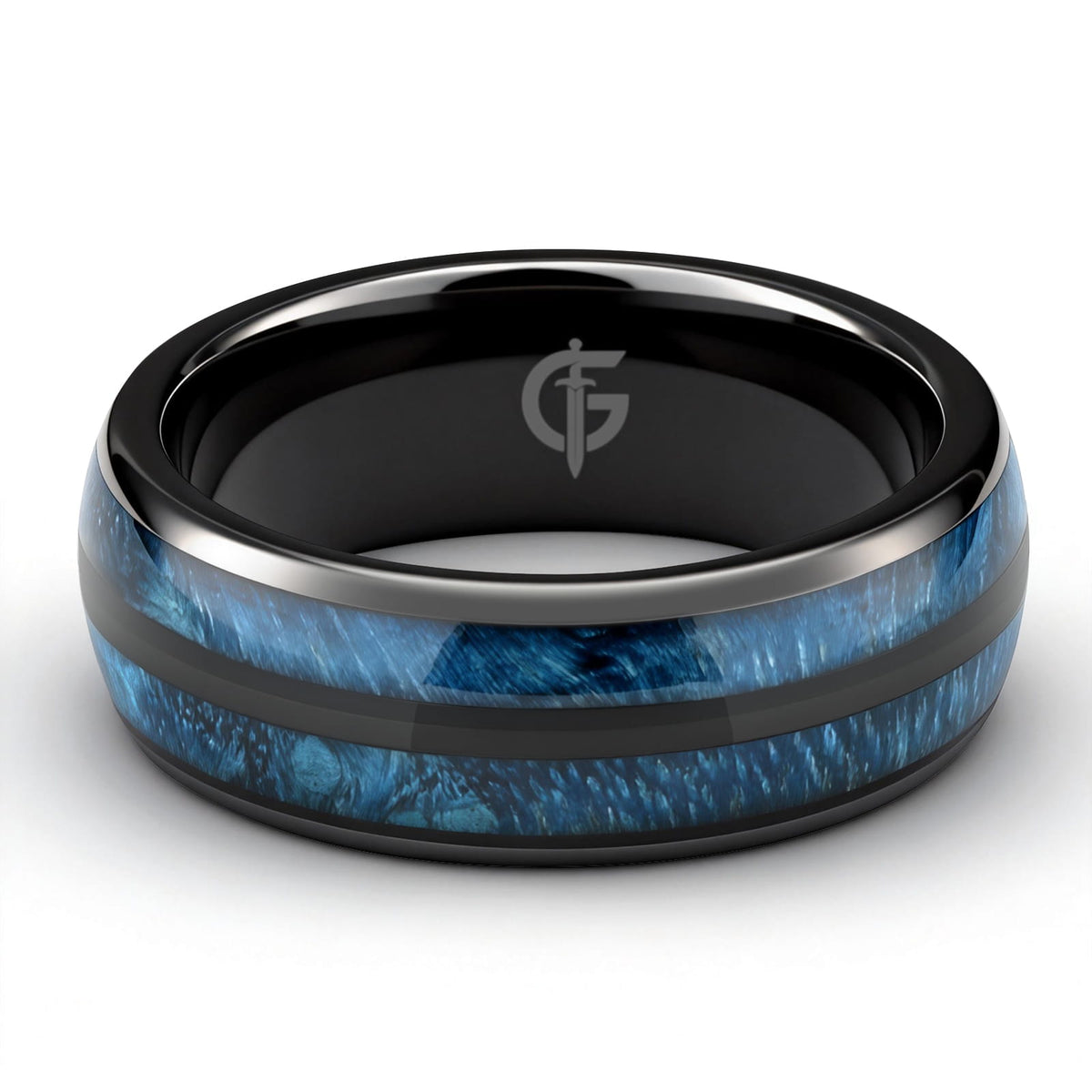 Polished black ceramic ring with two blue whiskey barrel wood inlays separated by a black center strip.