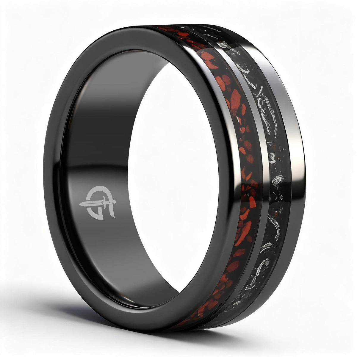 Flat black ceramic ring with red agate and dinosaur bone beside silver-gray meteorite and black agate
