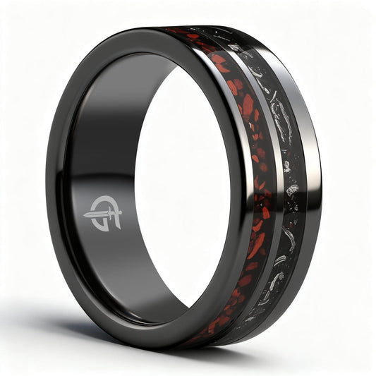Flat black ceramic ring with red agate and dinosaur bone beside silver-gray meteorite and black agate