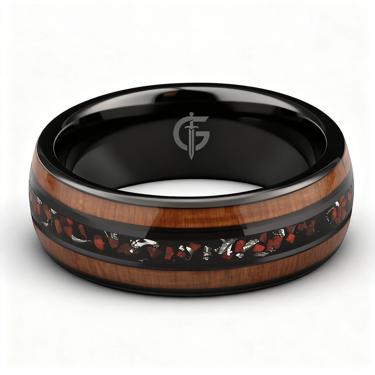 Black ceramic ring with brown wood strips framing silver-gray meteorite and reddish dinosaur bone fragments