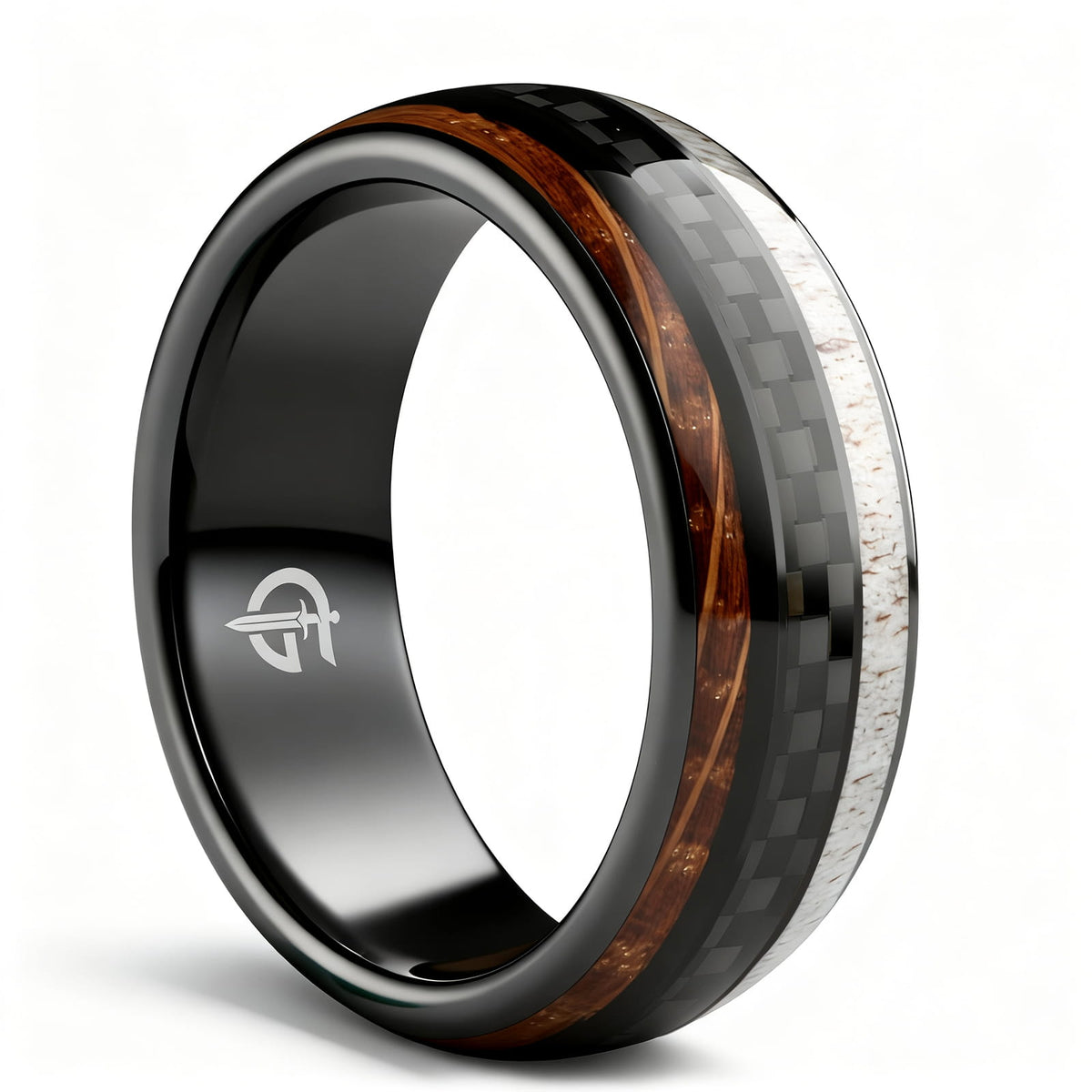 Black ceramic ring with a carbon fiber center between brown wood grain and pale deer antler