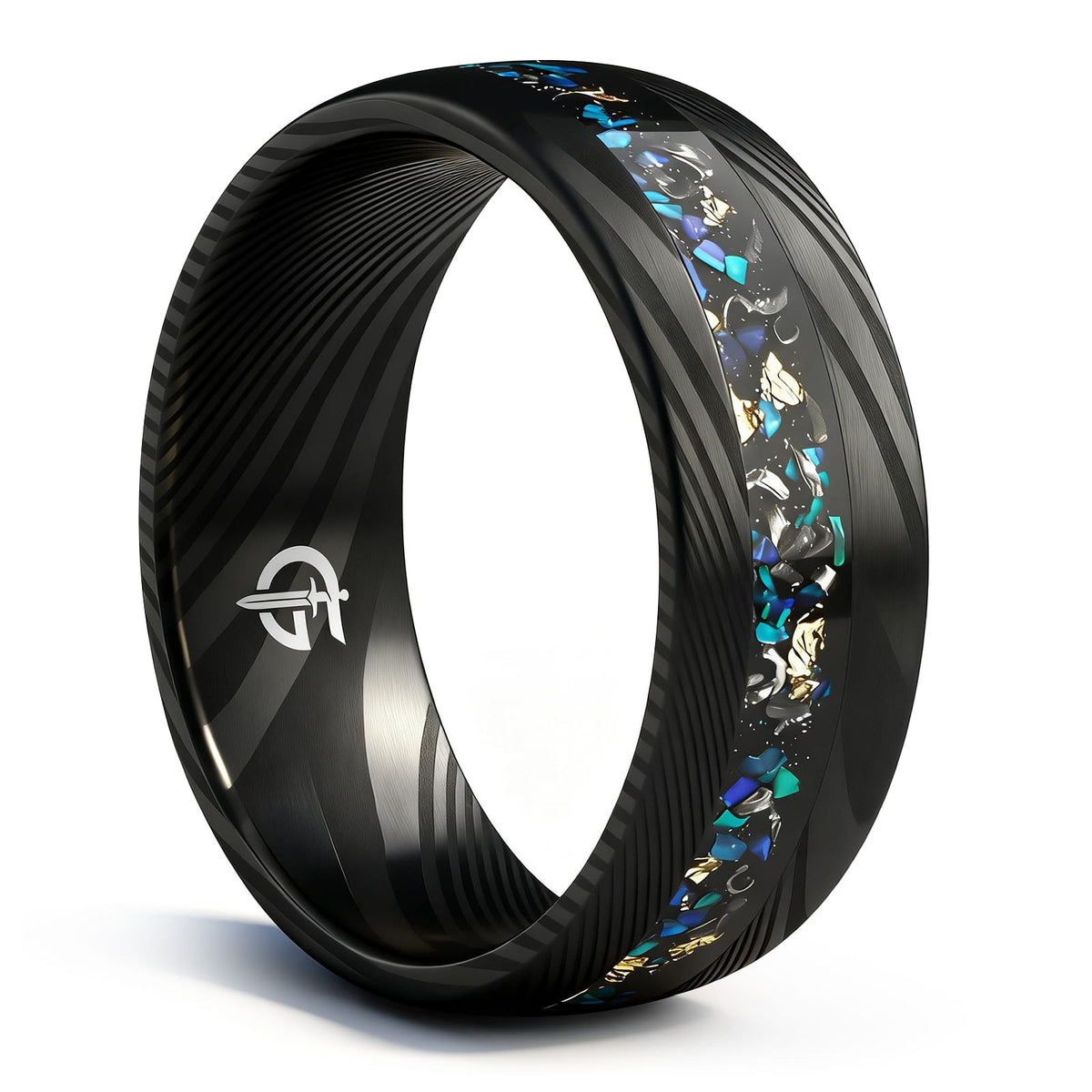 Black Damascus steel ring with a narrow inlay of meteorite, Ocean Blue natural opal and gold leaf