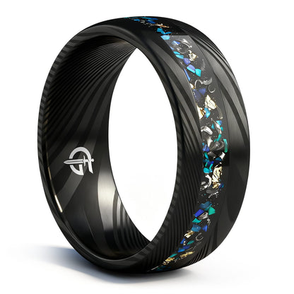 Black Damascus steel ring with a narrow inlay of meteorite, Ocean Blue natural opal and gold leaf