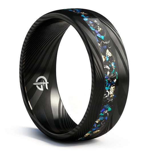 Black Damascus steel ring with a narrow inlay of meteorite, Ocean Blue natural opal and gold leaf