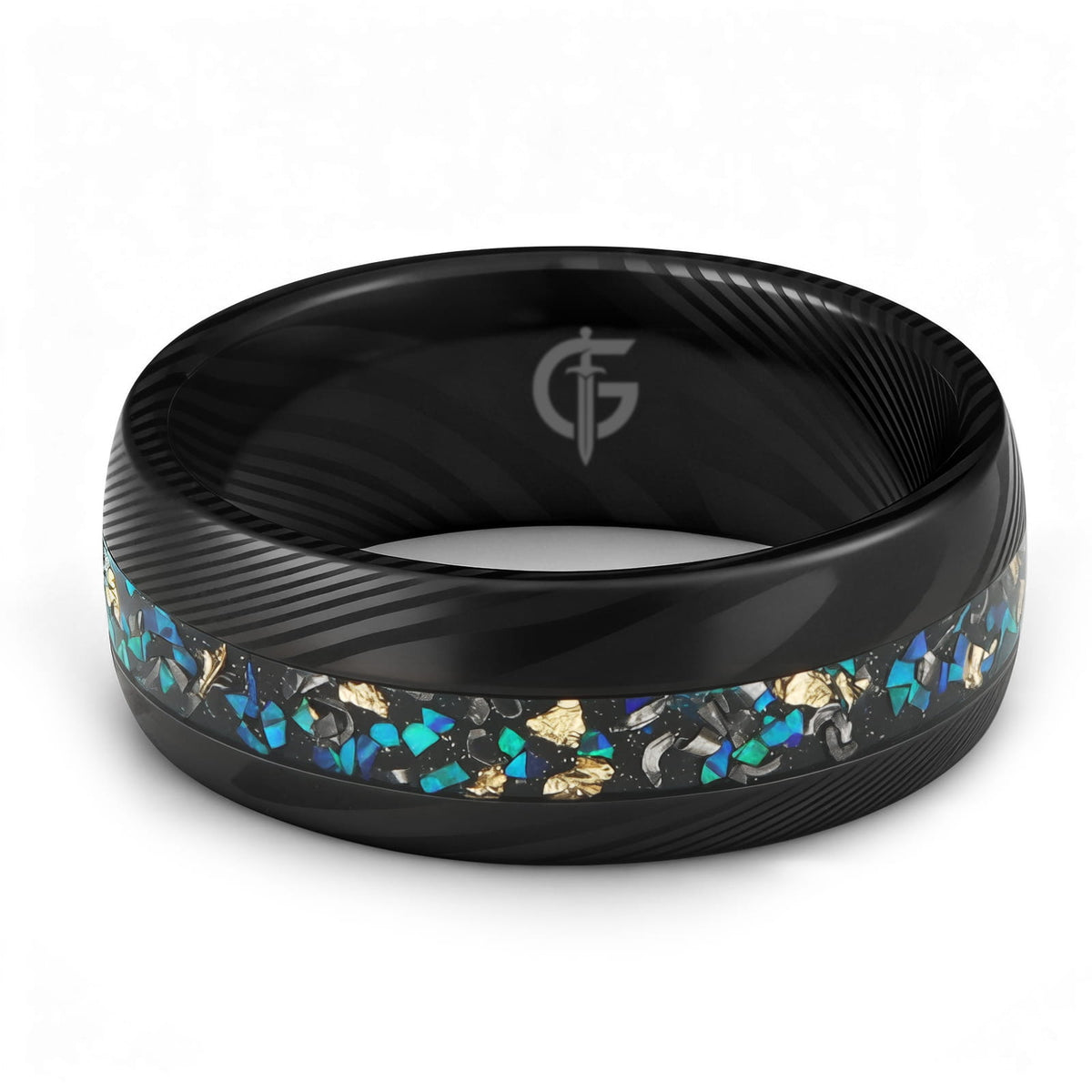 Black Damascus steel ring with a narrow inlay of meteorite, Ocean Blue natural opal and gold leaf