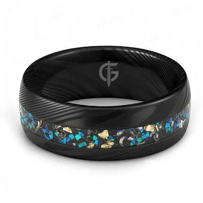 Black Damascus steel ring with a narrow inlay of meteorite, Ocean Blue natural opal and gold leaf