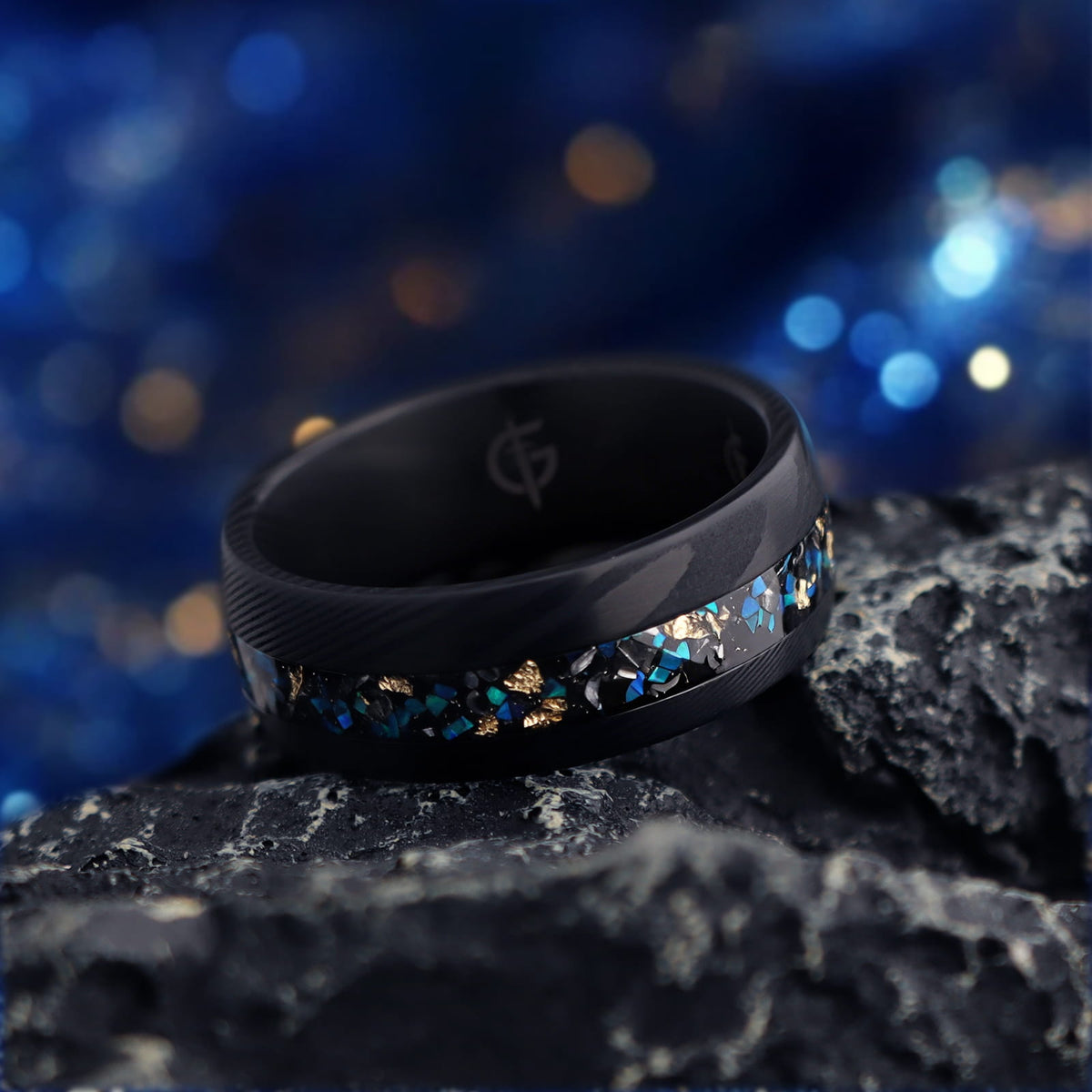 Black Damascus steel ring with a narrow inlay of meteorite, Ocean Blue natural opal and gold leaf