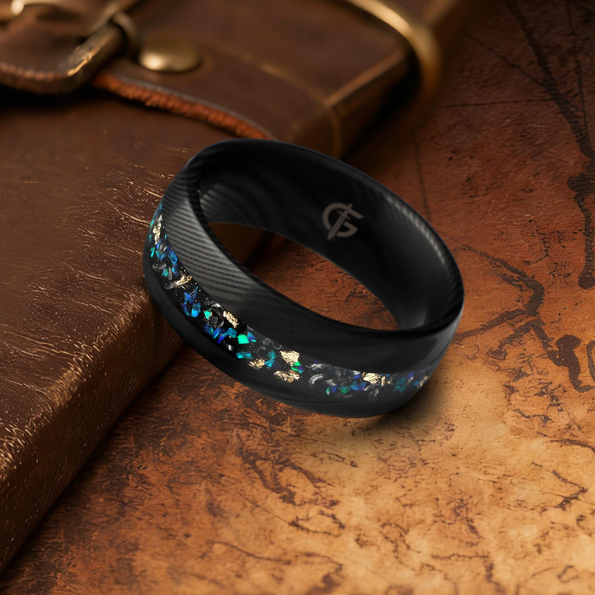 Black Damascus steel ring with a narrow inlay of meteorite, Ocean Blue natural opal and gold leaf
