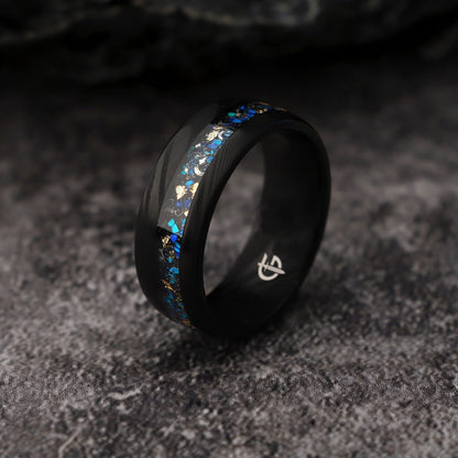 Black Damascus steel ring with a narrow inlay of meteorite, Ocean Blue natural opal and gold leaf