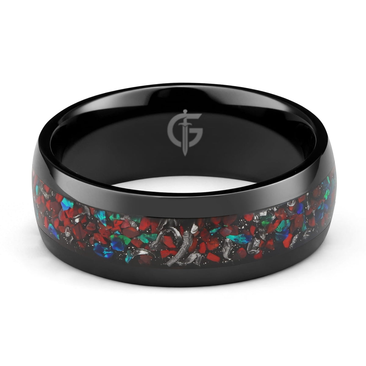 Polished black titanium ring with a mixed inlay of red, blue-green and silver-gray fragments.