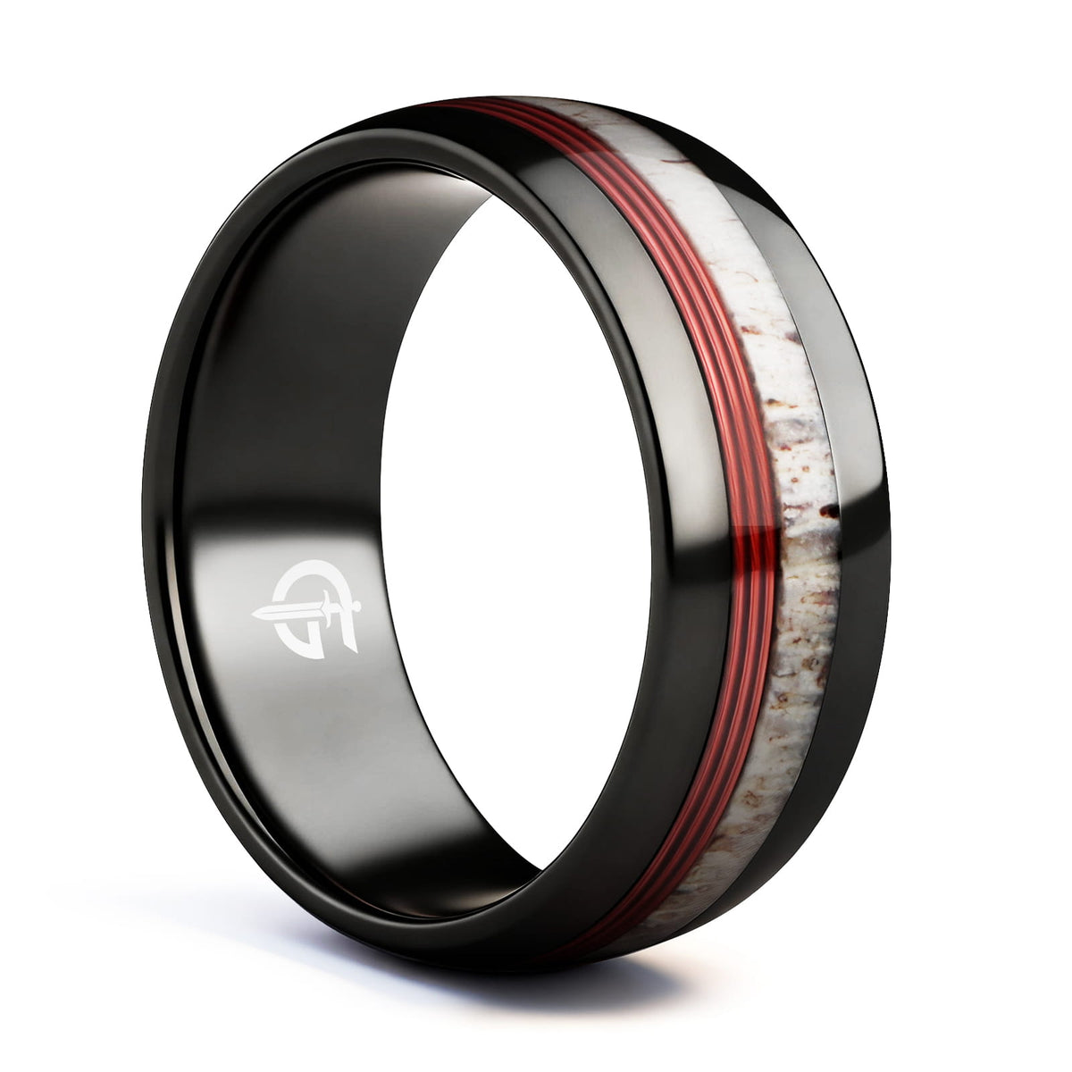Polished black titanium ring with pale deer antler and parallel red fishing line inlays.