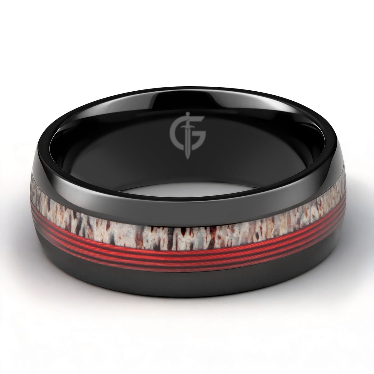 Polished black titanium ring with pale deer antler and parallel red fishing line inlays.