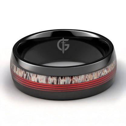 Polished black titanium ring with pale deer antler and parallel red fishing line inlays.