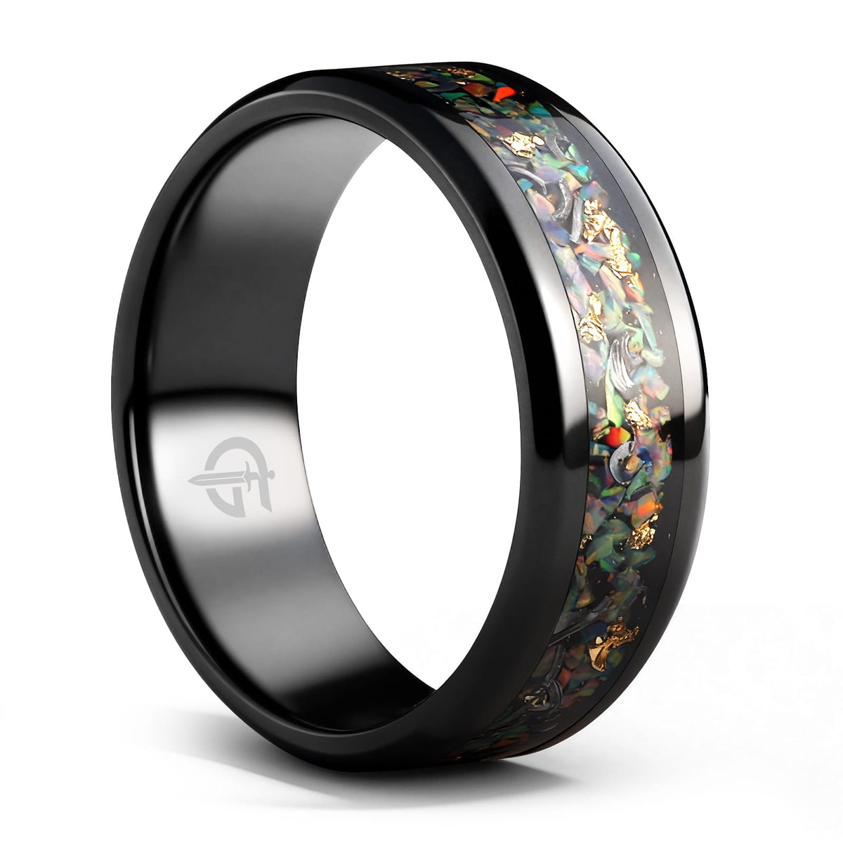 Black titanium ring with multicolored natural opal, silvery meteorite fragments, gold leaf and beveled edges