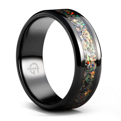 Black titanium ring with multicolored natural opal, silvery meteorite fragments, gold leaf and beveled edges