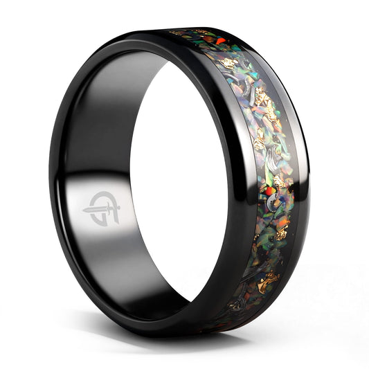 Black titanium ring with multicolored natural opal, silvery meteorite fragments, gold leaf and beveled edges
