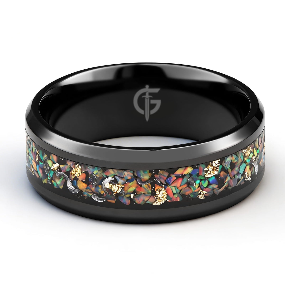 Black titanium ring with multicolored natural opal, silvery meteorite fragments, gold leaf and beveled edges