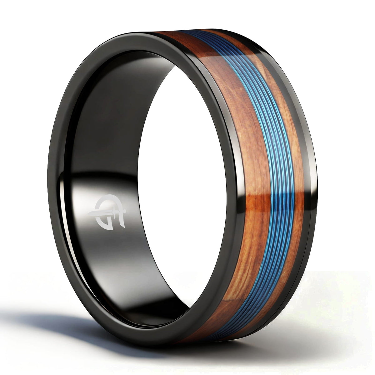 Black titanium ring with blue fishing line centered between brown whiskey barrel wood bands