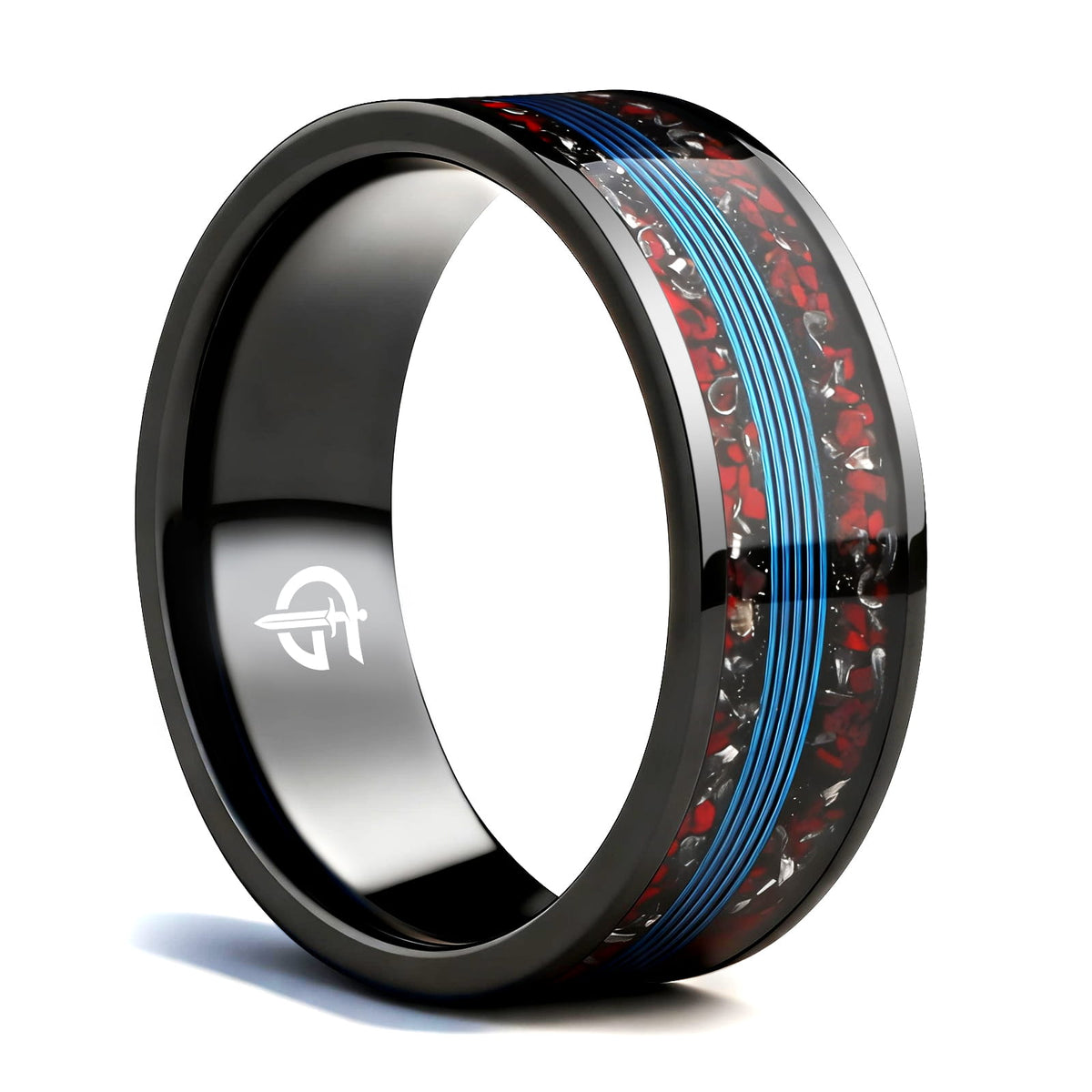 Black titanium ring with blue fishing line centered between mixed red and silver-gray inlay fragments