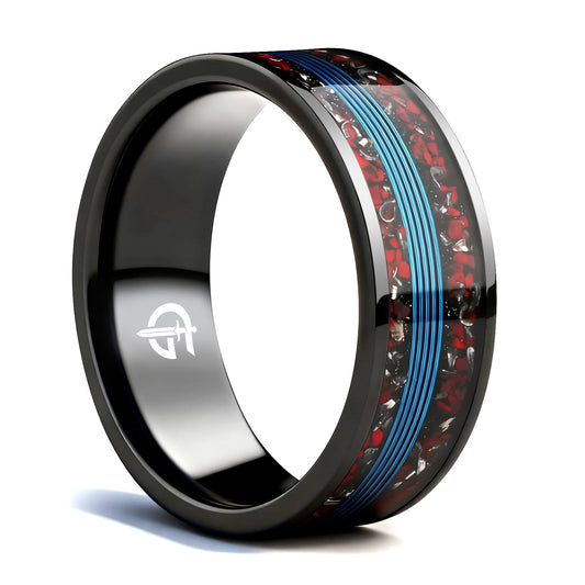 Black titanium ring with blue fishing line centered between mixed red and silver-gray inlay fragments