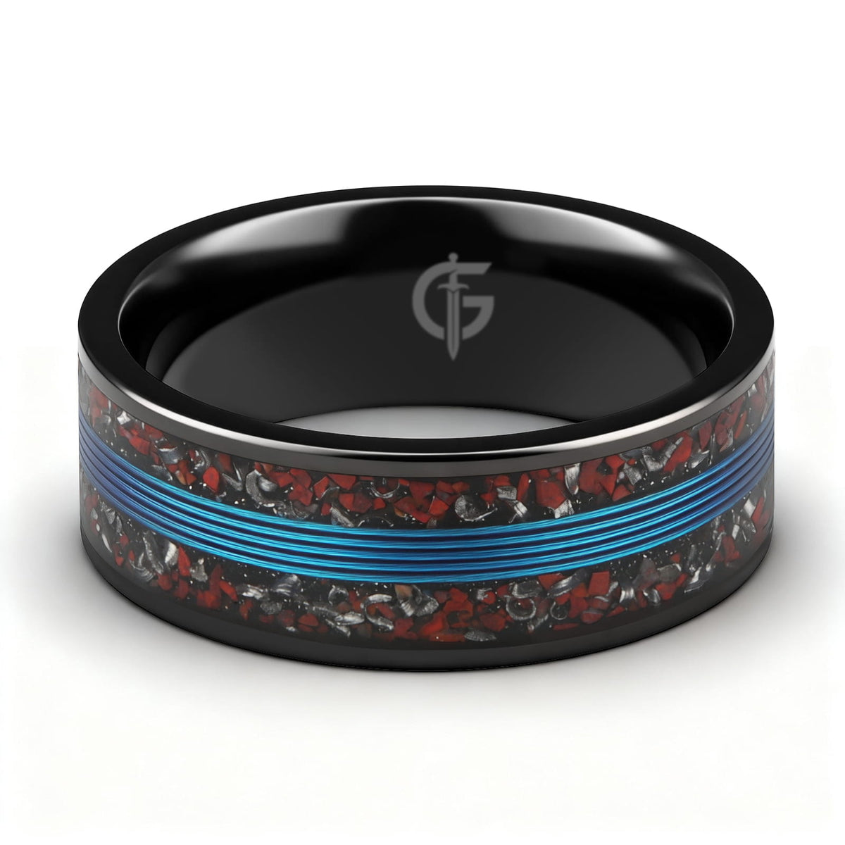 Black titanium ring with blue fishing line centered between mixed red and silver-gray inlay fragments