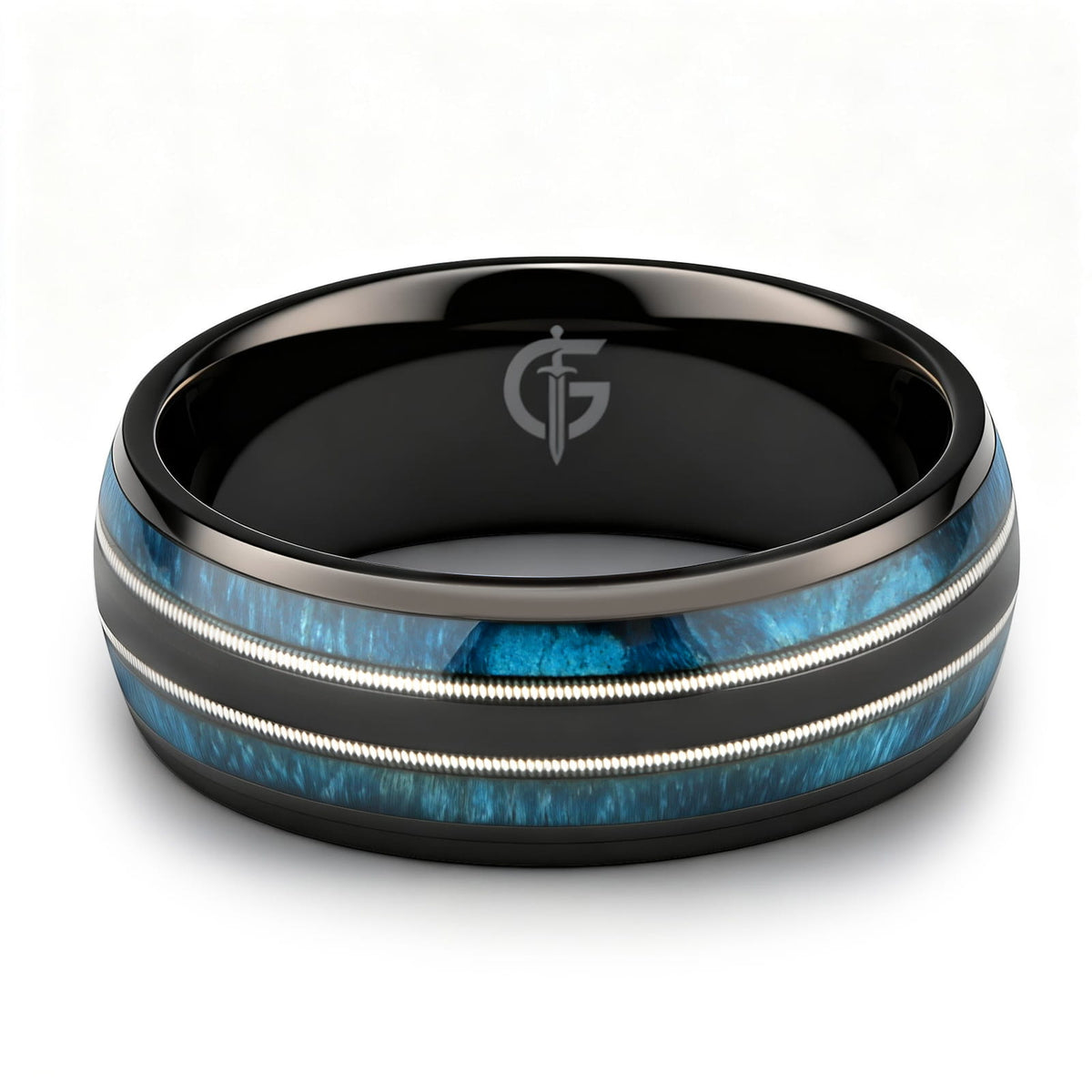 Black titanium ring with blue whiskey barrel wood and silver-tone guitar strings in two mirrored channels