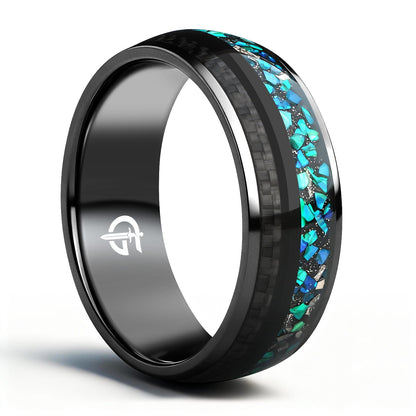 Black titanium ring with green and teal natural opal, Gibeon meteorite fragments and a separate carbon-fiber inlay