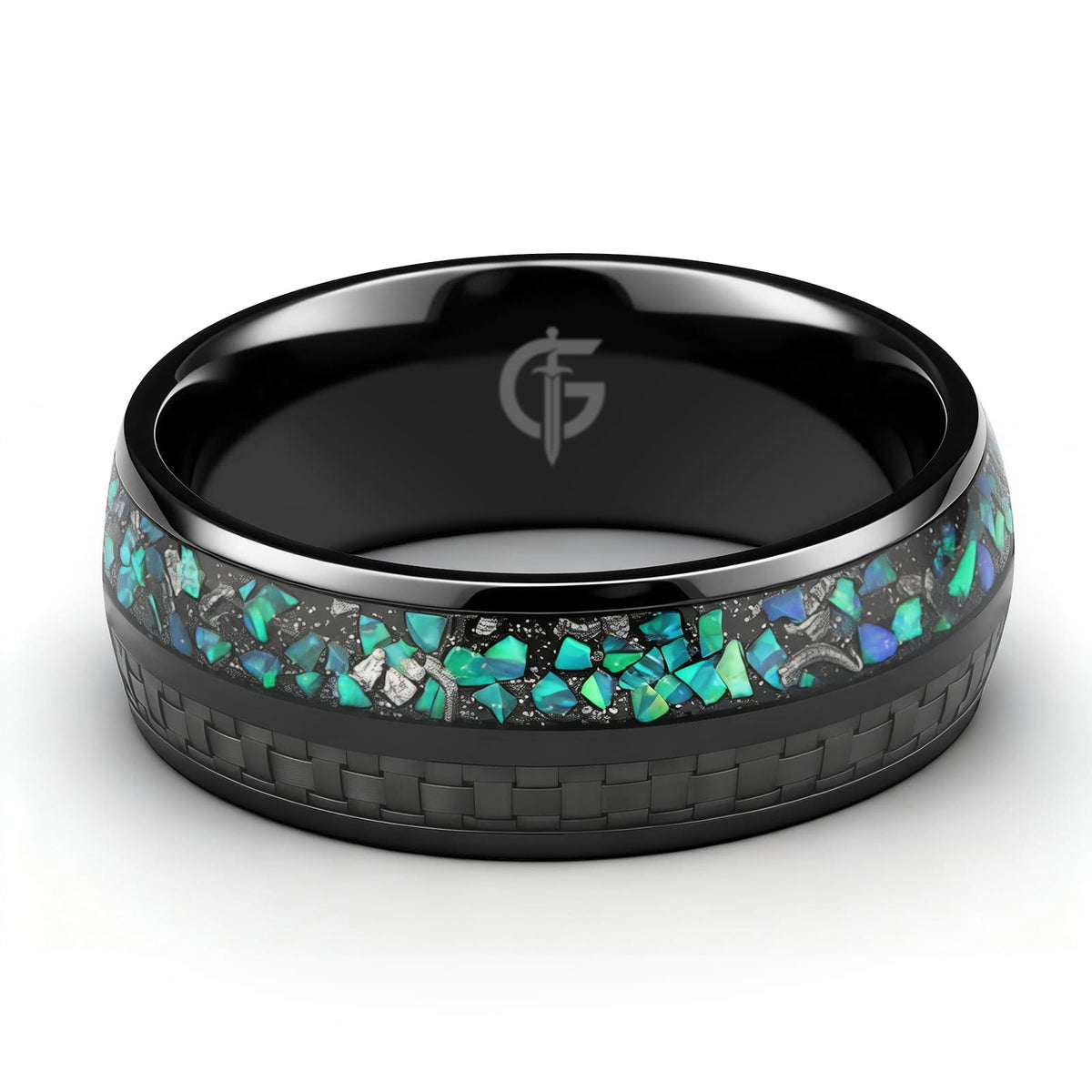 Black titanium ring with green and teal natural opal, Gibeon meteorite fragments and a separate carbon-fiber inlay