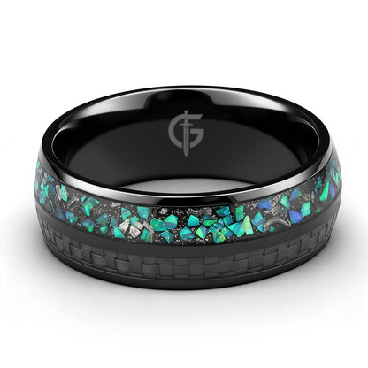 Black titanium ring with green and teal natural opal, Gibeon meteorite fragments and a separate carbon-fiber inlay