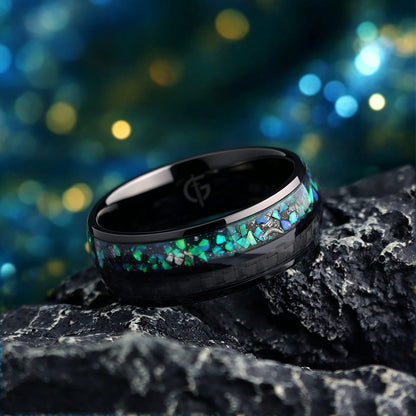 Black titanium ring with green and teal natural opal, Gibeon meteorite fragments and a separate carbon-fiber inlay