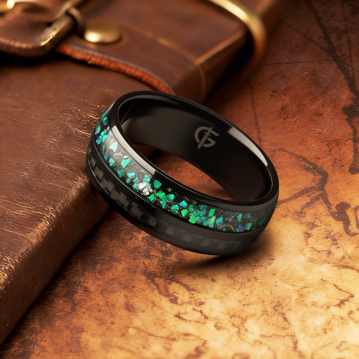 Black titanium ring with green and teal natural opal, Gibeon meteorite fragments and a separate carbon-fiber inlay