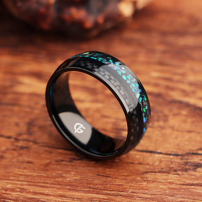 Black titanium ring with green and teal natural opal, Gibeon meteorite fragments and a separate carbon-fiber inlay