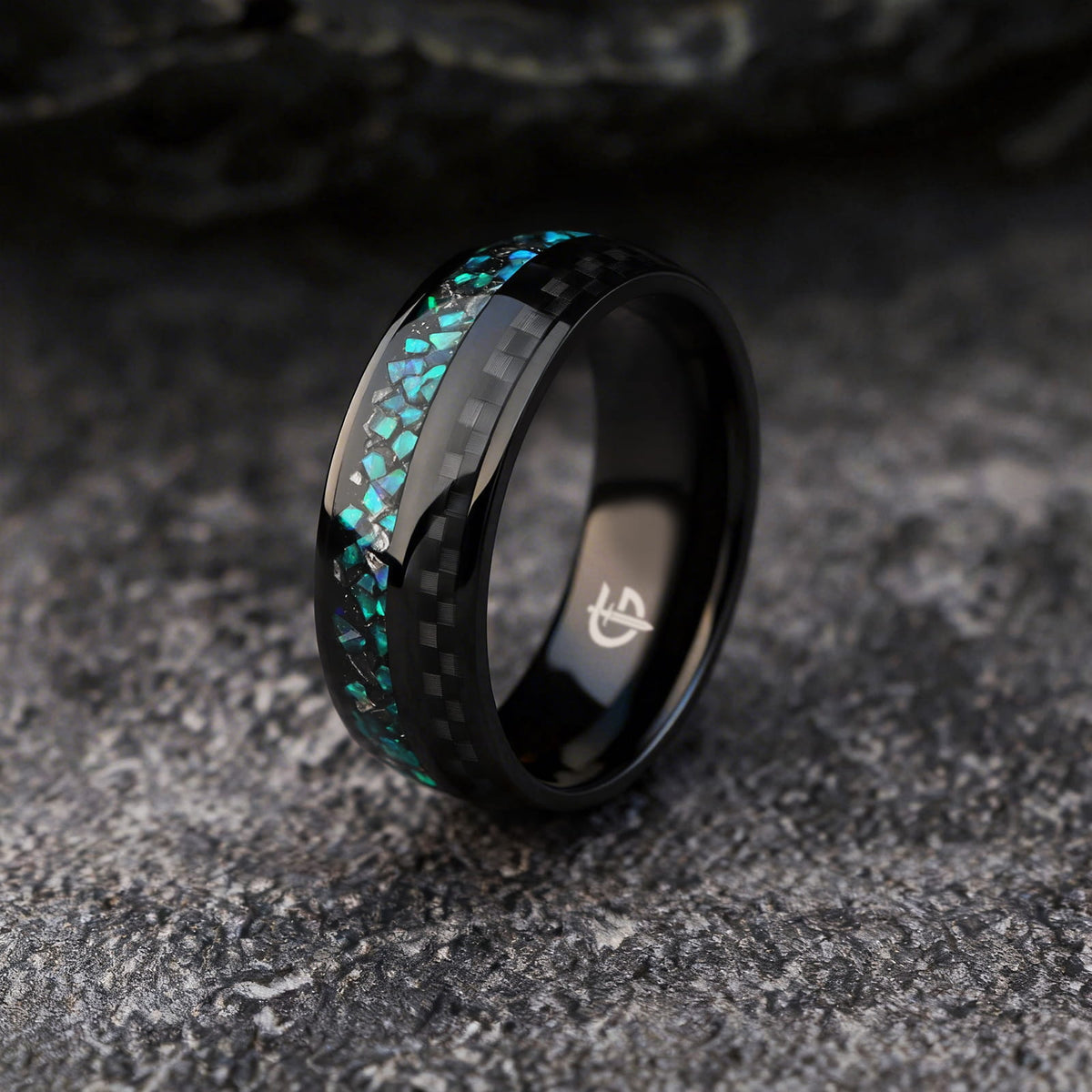 Black titanium ring with green and teal natural opal, Gibeon meteorite fragments and a separate carbon-fiber inlay