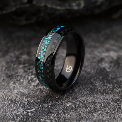 Black titanium ring with green and teal natural opal, Gibeon meteorite fragments and a separate carbon-fiber inlay