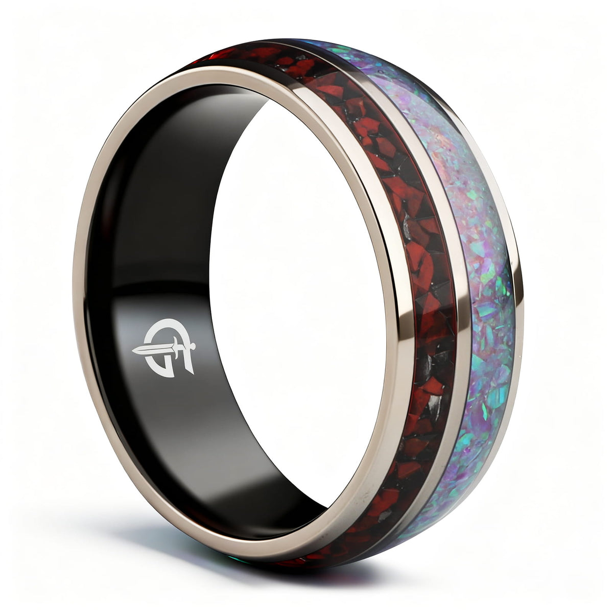 Titanium ring with black interior, lavender-green natural opal and a separate red-and-gray meteorite and dinosaur bone inlay