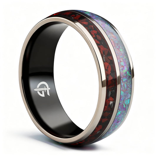 Titanium ring with black interior, lavender-green natural opal and a separate red-and-gray meteorite and dinosaur bone inlay