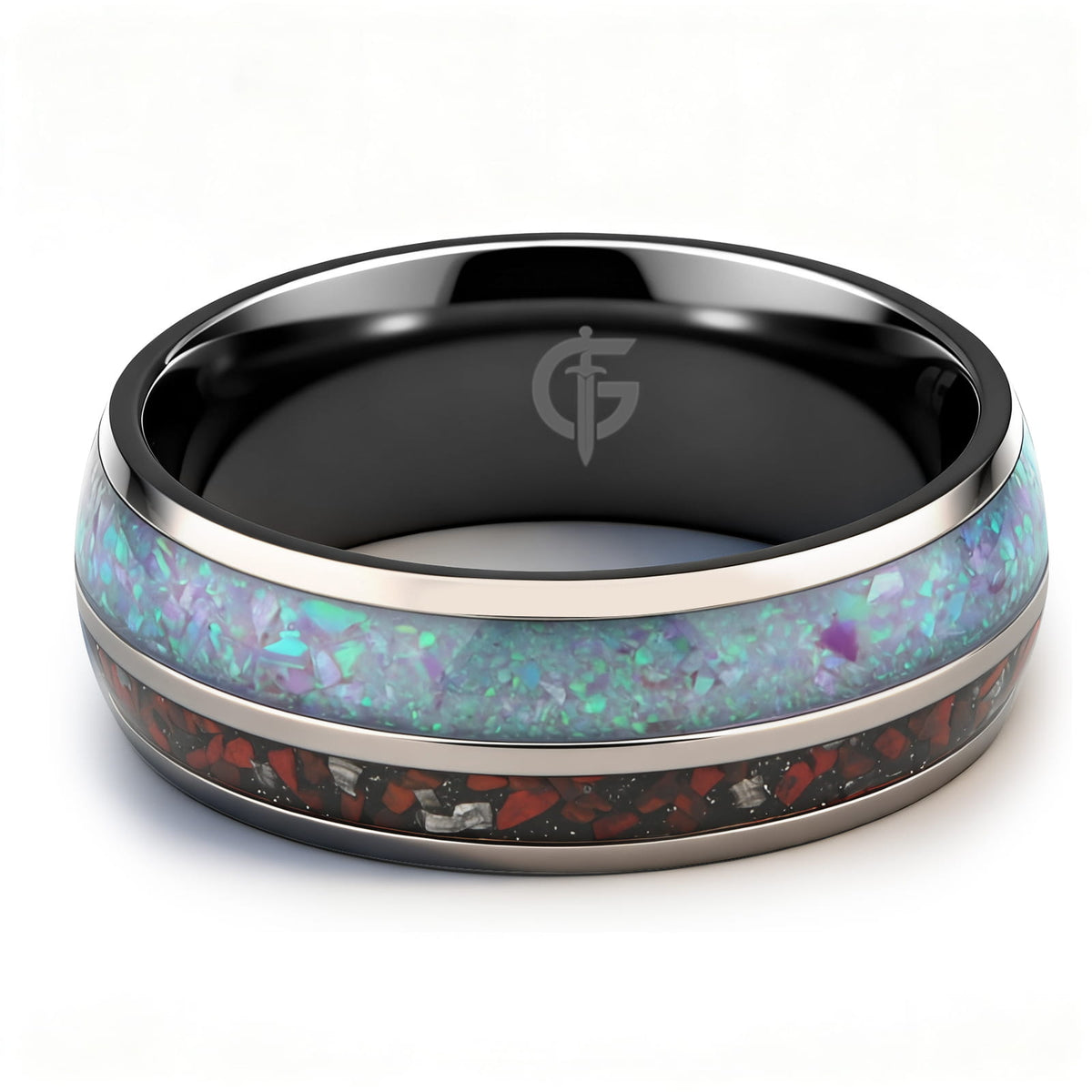 Titanium ring with black interior, lavender-green natural opal and a separate red-and-gray meteorite and dinosaur bone inlay