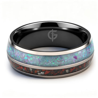 Titanium ring with black interior, lavender-green natural opal and a separate red-and-gray meteorite and dinosaur bone inlay