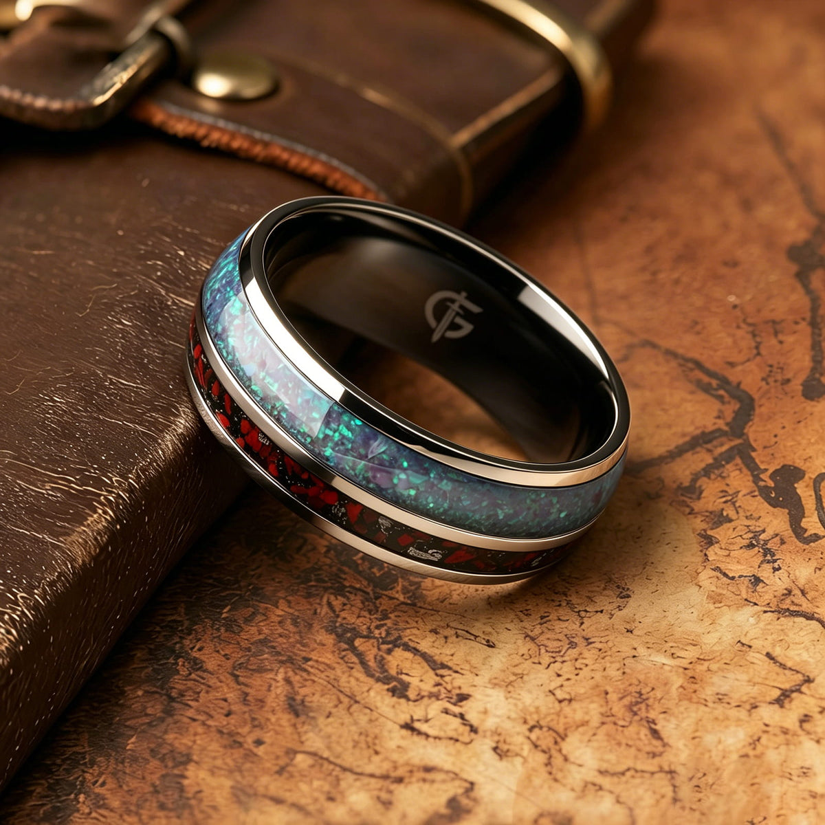 Titanium ring with black interior, lavender-green natural opal and a separate red-and-gray meteorite and dinosaur bone inlay