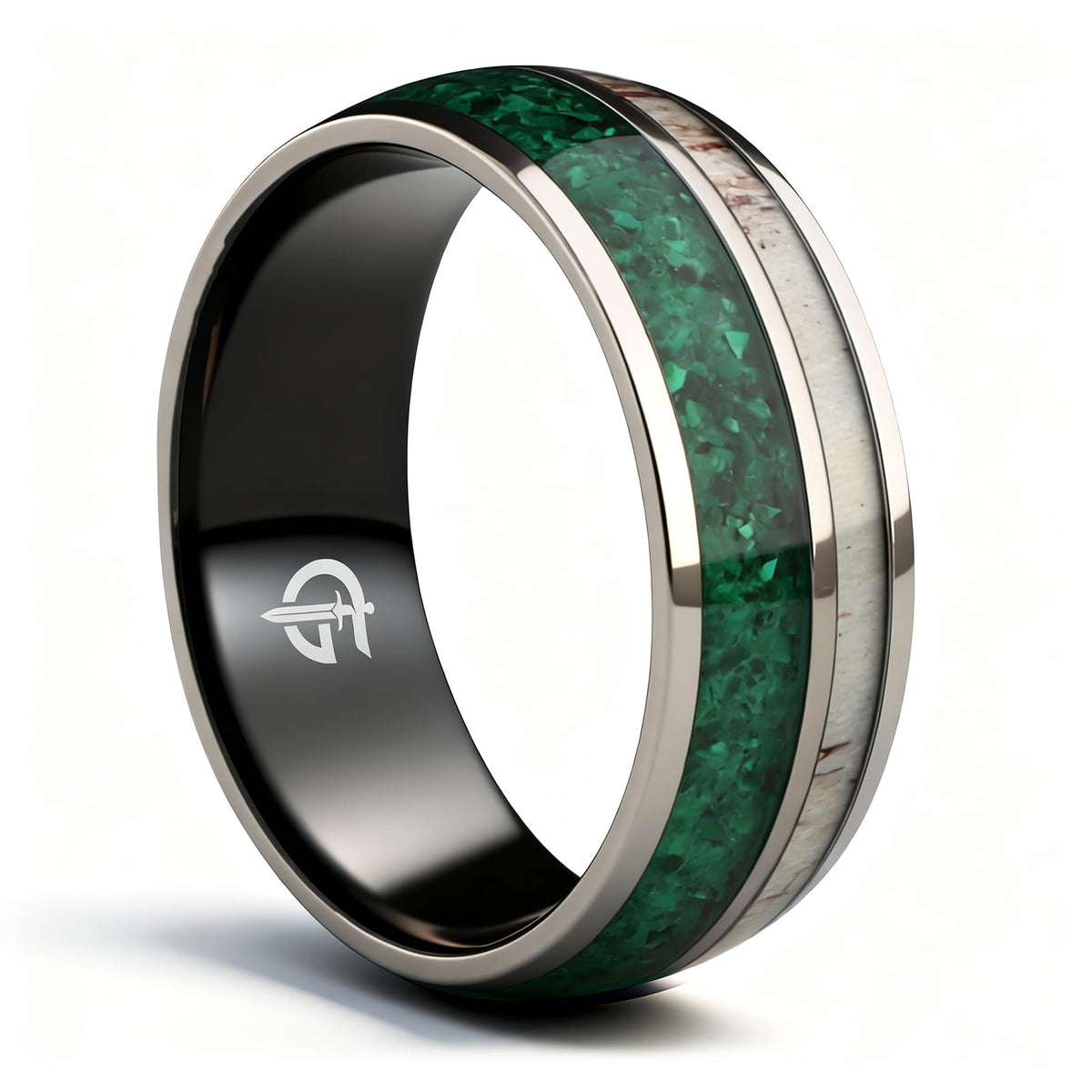 Titanium ring with black interior, green malachite and pale deer antler in separate inlay channels