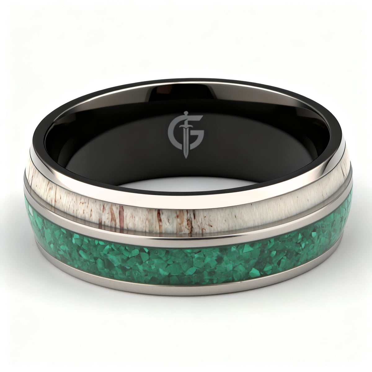 Titanium ring with black interior, green malachite and pale deer antler in separate inlay channels