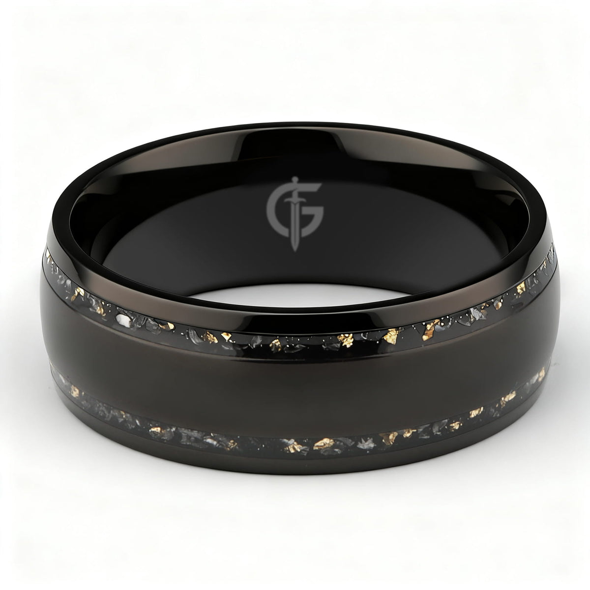 Black titanium ring with a broad polished center and two narrow meteorite and gold leaf inlays