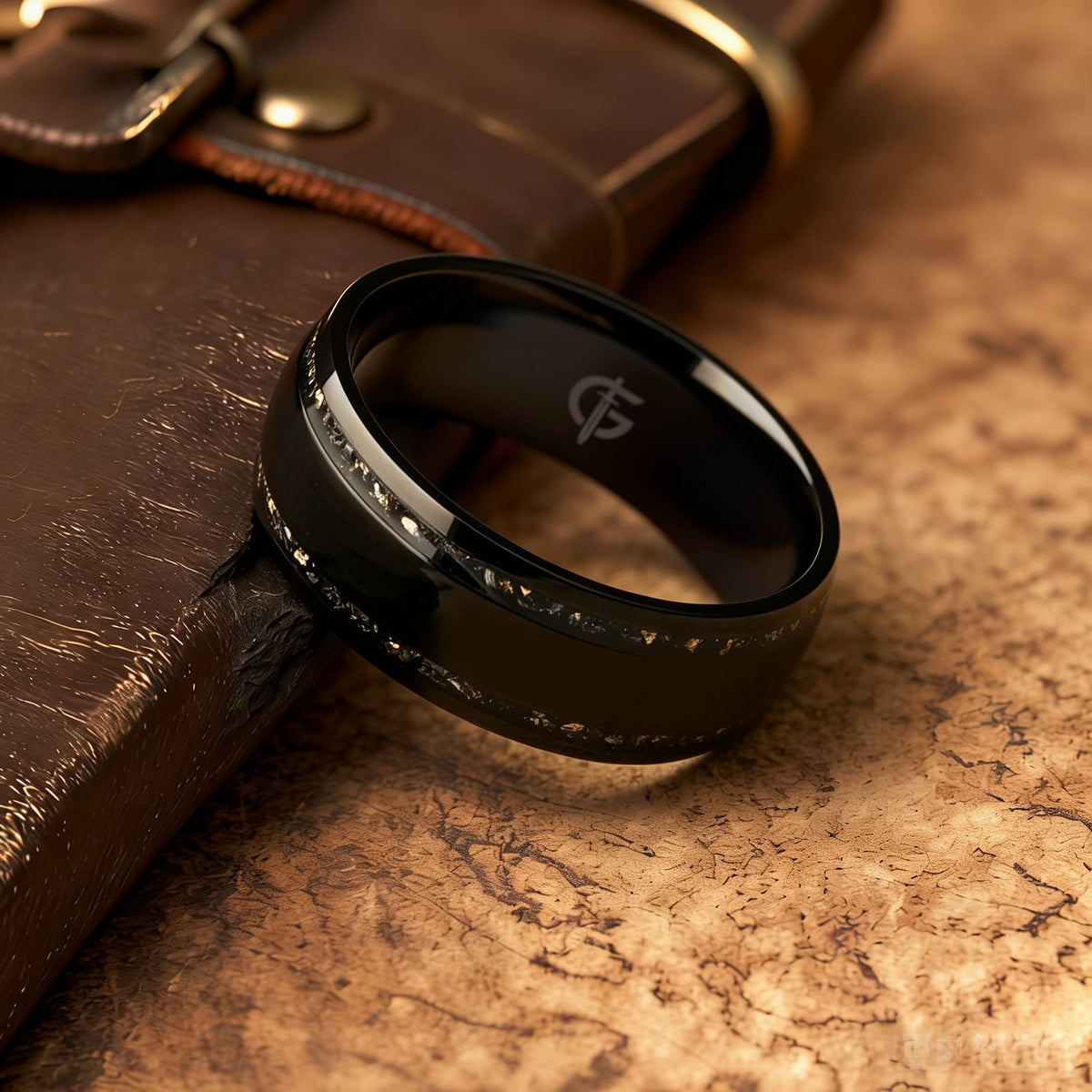 Black titanium ring with a broad polished center and two narrow meteorite and gold leaf inlays