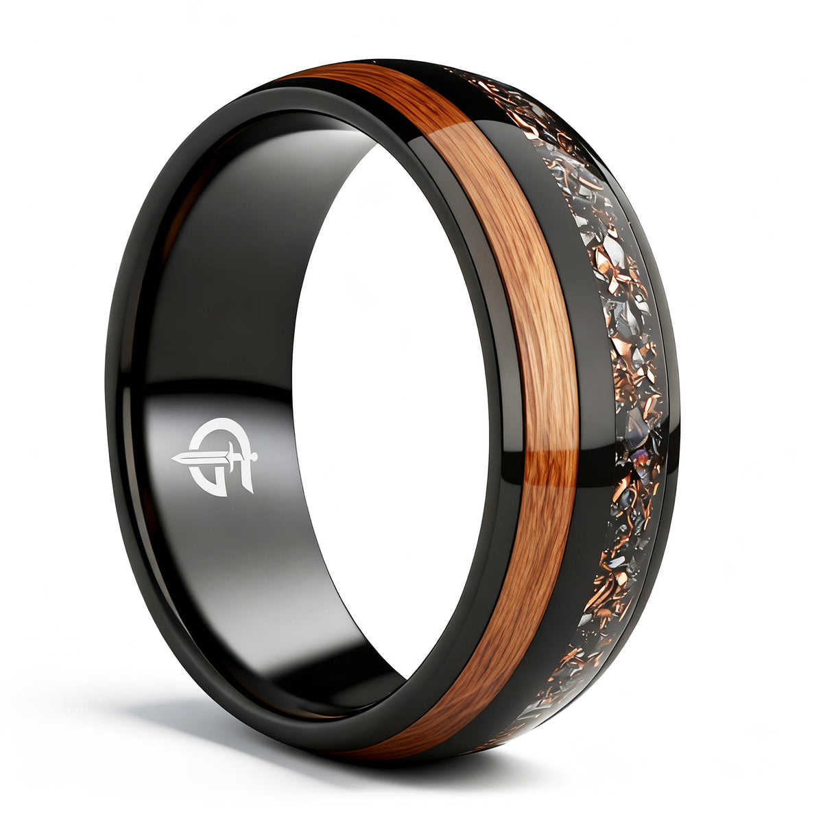 Black titanium ring with whiskey barrel wood beside a silver-gray meteorite, moonstone and copper inlay.